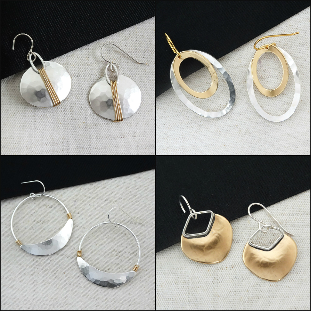 marjorie baer hoop earrings. different shapes, sizes, silver, brass.