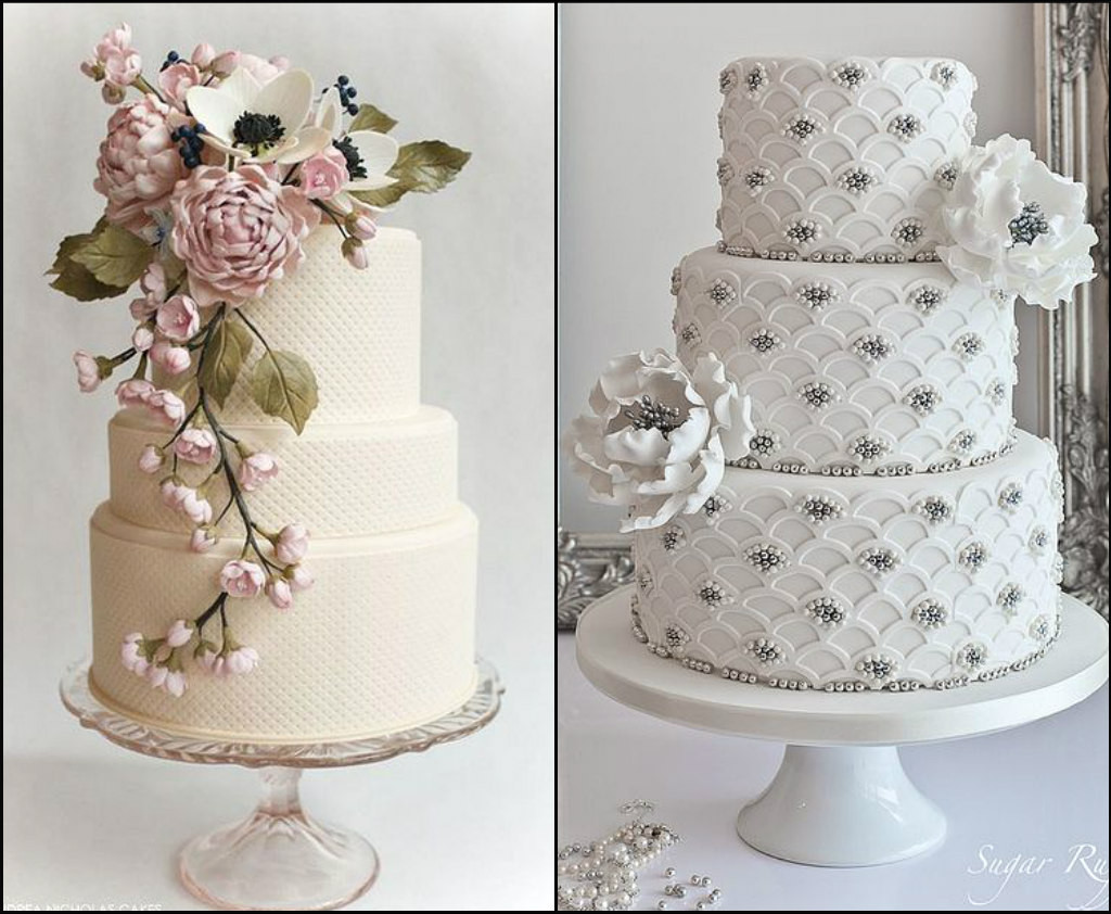 The fall bouquet combined with the frosting pattern creates such a pretty cake for a vintage inspired wedding in October.  The  cake on the right is one of my favorites.  The pearls.  The flowers...."swoon".