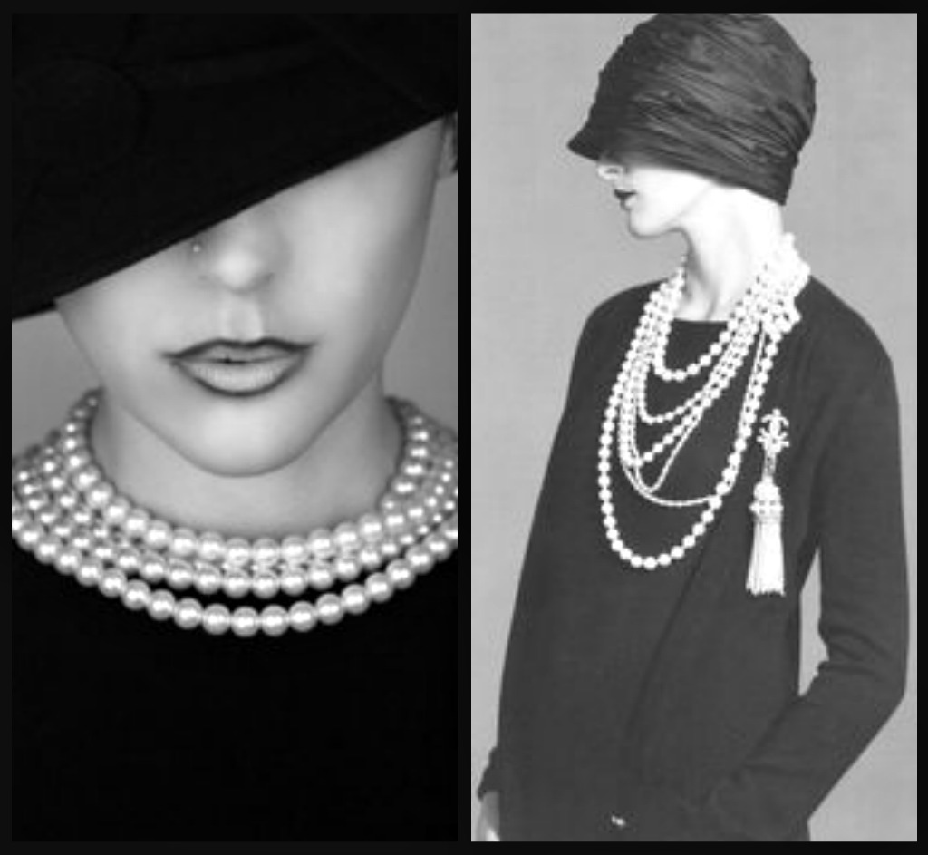 Classic pearl jewelry as a wardrobe staple.  Pearl costume jewelry began with none other than Channel.