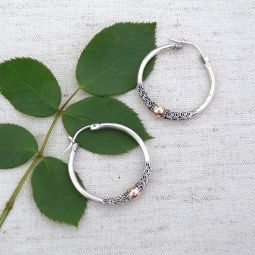 Fancy Sterling Silver Hoops, Gold Accent