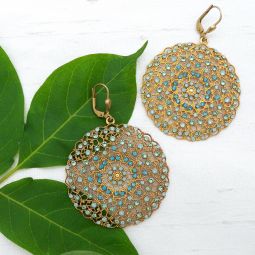 Large Round Gold Filigree Earrings, Teal
