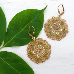 Round Filigree Vintage Earrings, Champagne, Olive