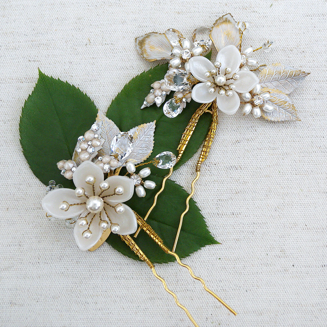 Twigs & Honey Bridal Hair Pins, Flower Pins - Magnolia Blooms Pin Set of 3 - Style #2320 Ivory/Gold