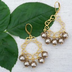 Gold Filigree Earrings, Gray Pearls