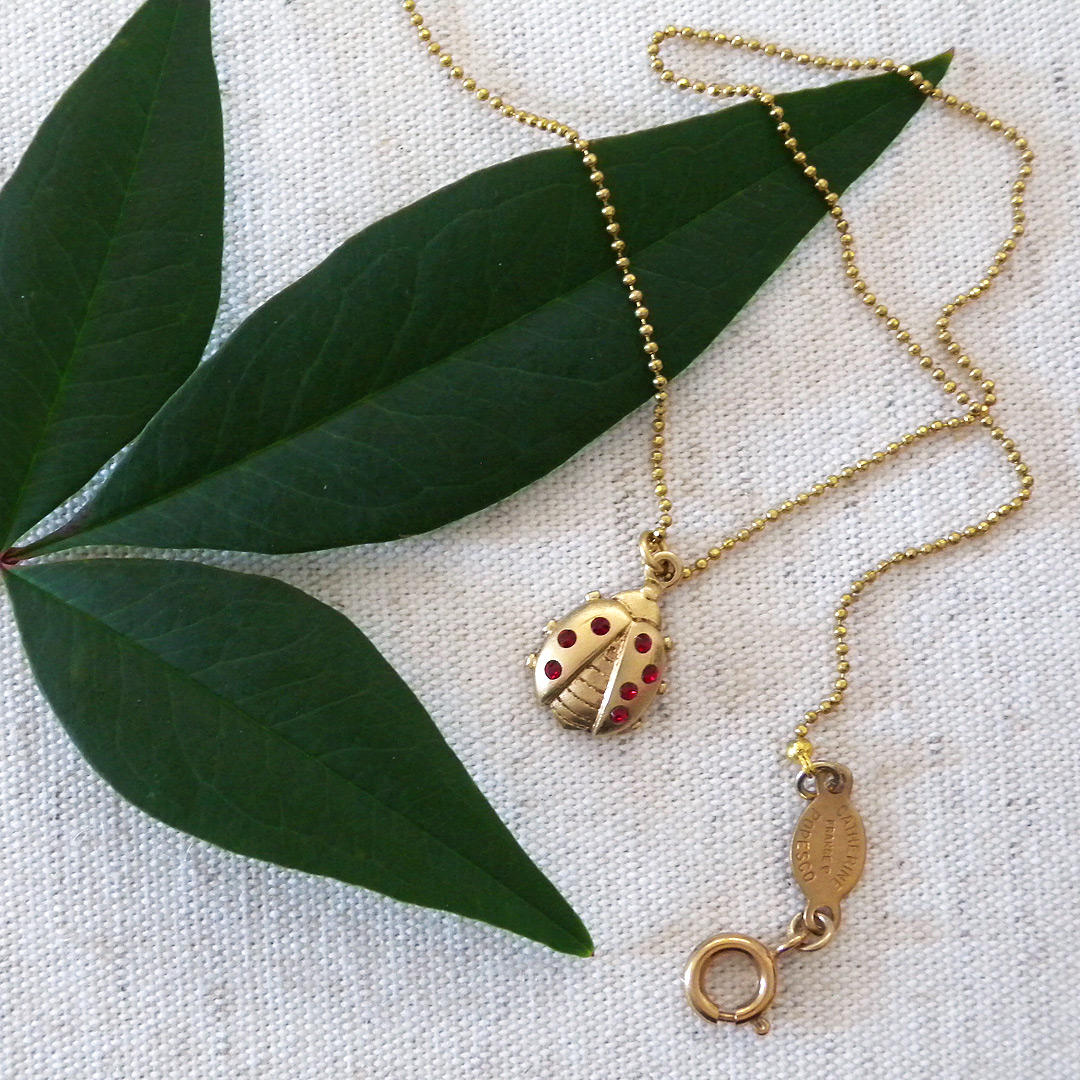 Green Quartz Ladybug Pendant in Sterling Silver and 18k Rose Gold