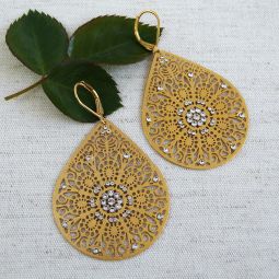 Large Gold Filigree Earrings, Crystals