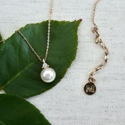 Single Pearl Drop Necklace CZ Accent, Gold