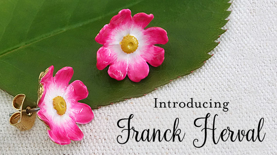 franck herval bijoux, flower earrings, handmade jewelry, orange flower, blue flower, pink flower, flower jewelry