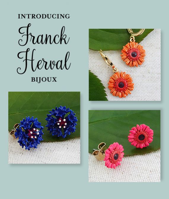 franck herval bijoux, flower earrings, handmade jewelry, orange flower, blue flower, pink flower, flower jewelry