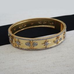 Gold Bangle with Pave CZ Bees & Stars