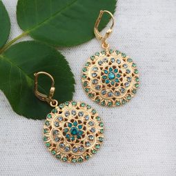 Round Gold Filigree Earrings, Teal