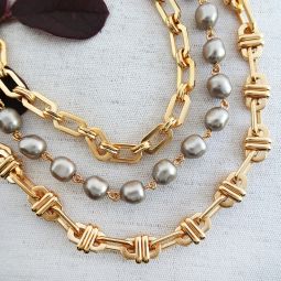 Triple Strand Large Chain Necklace, Grey Pearls