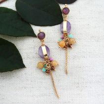 Oval Amethyst Stone with Gold Sash Dangle Earrings