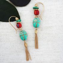 Small Turquoise Scarab Stone, Gold Tassel Earrings