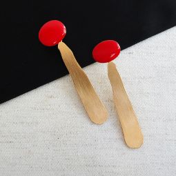 Miro Red Oval, Long Gold Drop Earrings