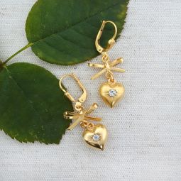 Gold Heart Earrings with Bow