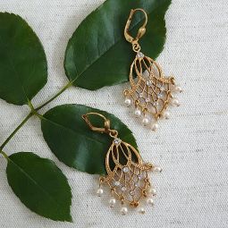 Delicate Vintage Gold Chandelier Earrings, Pearls