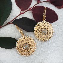 Round Gold Filigree Earrings, White Opal