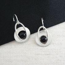 Silver Disc Earrings with Black Bead Center