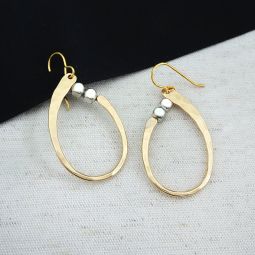 Large Brass Teardrop Earrings, Silver Beads