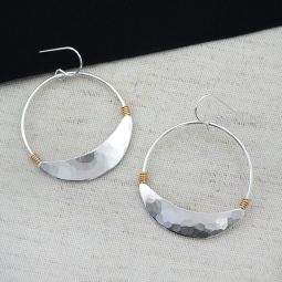Large Hoop Earrings, Silver Crescent