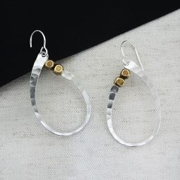 Large Silver Teardrop Earrings, Brass Beads