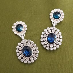 Oval Drop Earrings, Blue Crystal Center