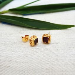 Small Gold Stud Earrings, Garnet