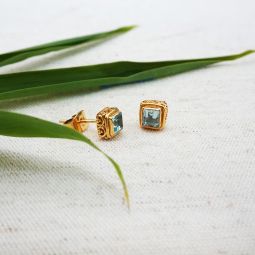 Small Gold Stud Earrings with Blue Topaz