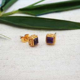 Small Gold Stud Earrings, Amethyst