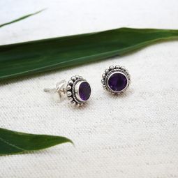 Classic Bali Stud Earrings, Silver, Amethyst