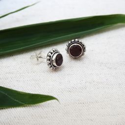 Classic Bali Stud Earrings, Silver, Garnet