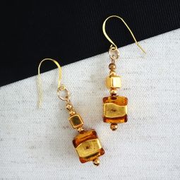 Gold Tonal Cube Drop Earrings