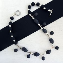 French Black Beads & Silver Bead Necklace