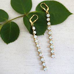 Long Dangling Crystal Chain Earrings, White Opal