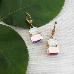 Small Double Crystal Drop Earrings, AB & White Opal