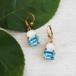Small Double Crystal Drop Earrings, Blue & White Opal