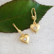 Small Gold Heart Earrings, Crystal Center