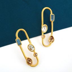 Modern Elongated Oval Earrings, Gold, Crystals