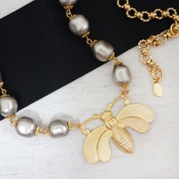 Grey Pearls and Giant Gold Bee Necklace