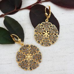 Black Diamond Crystal Round Filigree Earrings