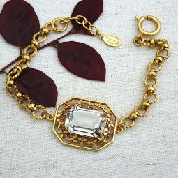 Gold Filigree Bracelet, Emerald Cut Stone