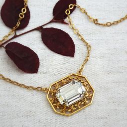 Gold Filigree Necklace, Emerald Cut Stone