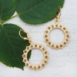 Gold Filigree Hoop Earrings with Black Diamond Crystals