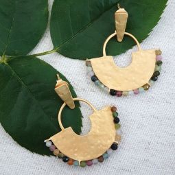 Drop 1/2 Circle Earrings, Gold, Tourmaline Beads