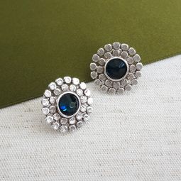 Round Stud Earrings, Blue Center Stone