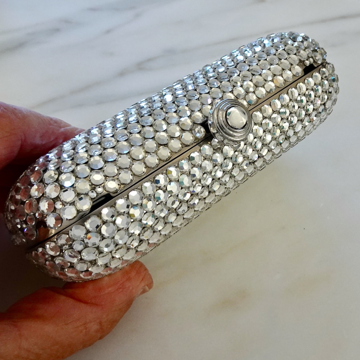 Rodo Minaudiere Italy Silver Metal/rhinestone Bling top Clamshell Evening Bag/Clutch