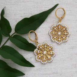Gold Flower Earrings, White Opal Crystals
