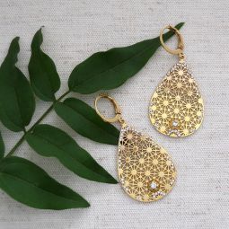 Gold Filigree Teardrop Earrings, Tiny Crystals