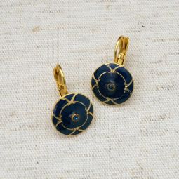 Round Vintage Drop Earrings, Navy Enamel